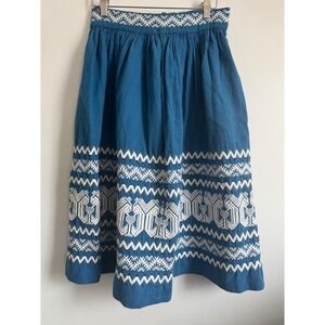 Sombol Guatemala Handwoven Indian Textiles Teal Blue Embroidered Midi Skirt